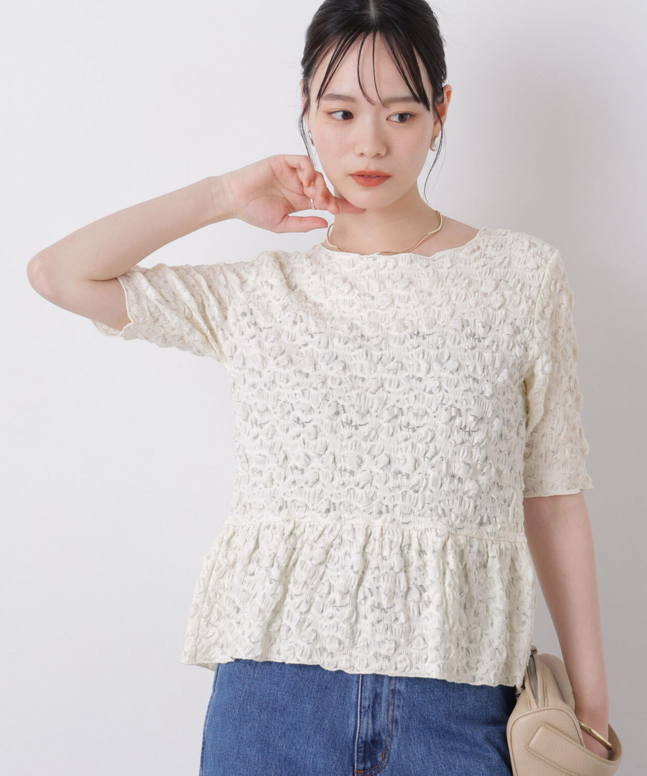 OHGA ジャガードペプラムトップス レース ジャガード カット ペプラム トップス