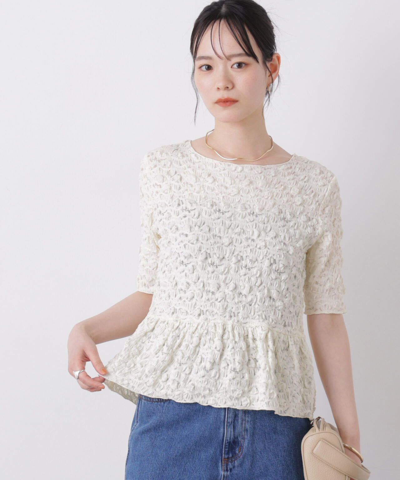 ELLIE ジャガードペプラムトップス レース ジャガード カット ペプラム トップス