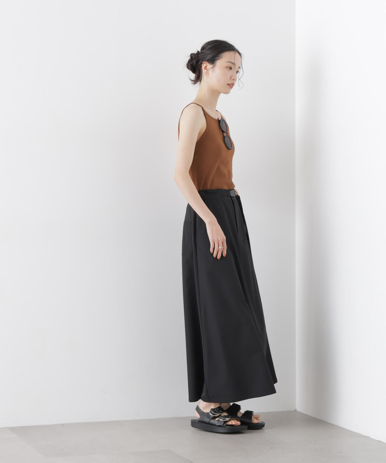 多機能2wayストレッチ ベルテッドセミフレアマキシスカート(セットアップ可) 6736130305