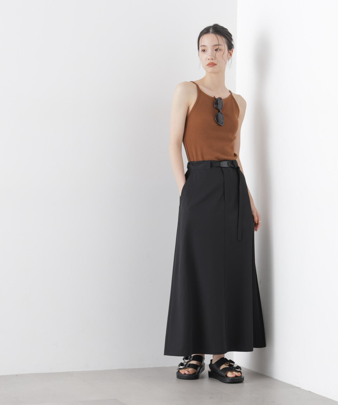 多機能2wayストレッチ ベルテッドセミフレアマキシスカート(セットアップ可) 6736130305