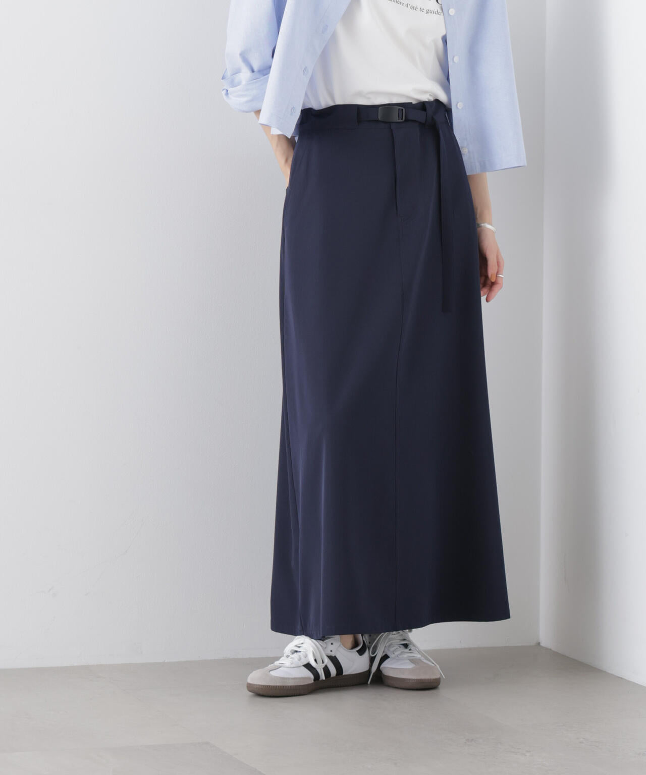 多機能2wayストレッチ ベルテッドセミフレアマキシスカート(セットアップ可) 6736130305