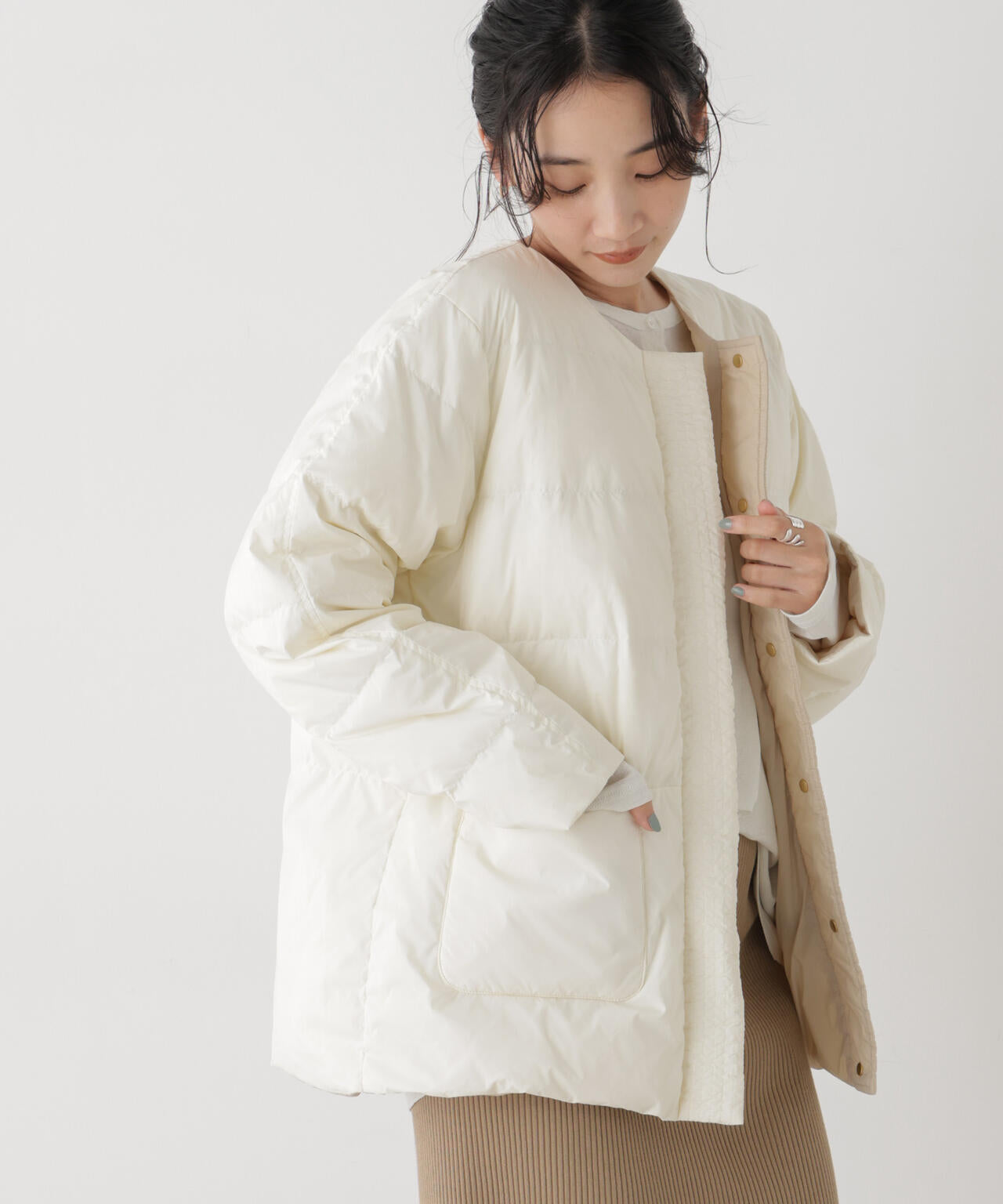 撥水加工ライトダウン リバーシブルノーカラージャケット 6736214303
