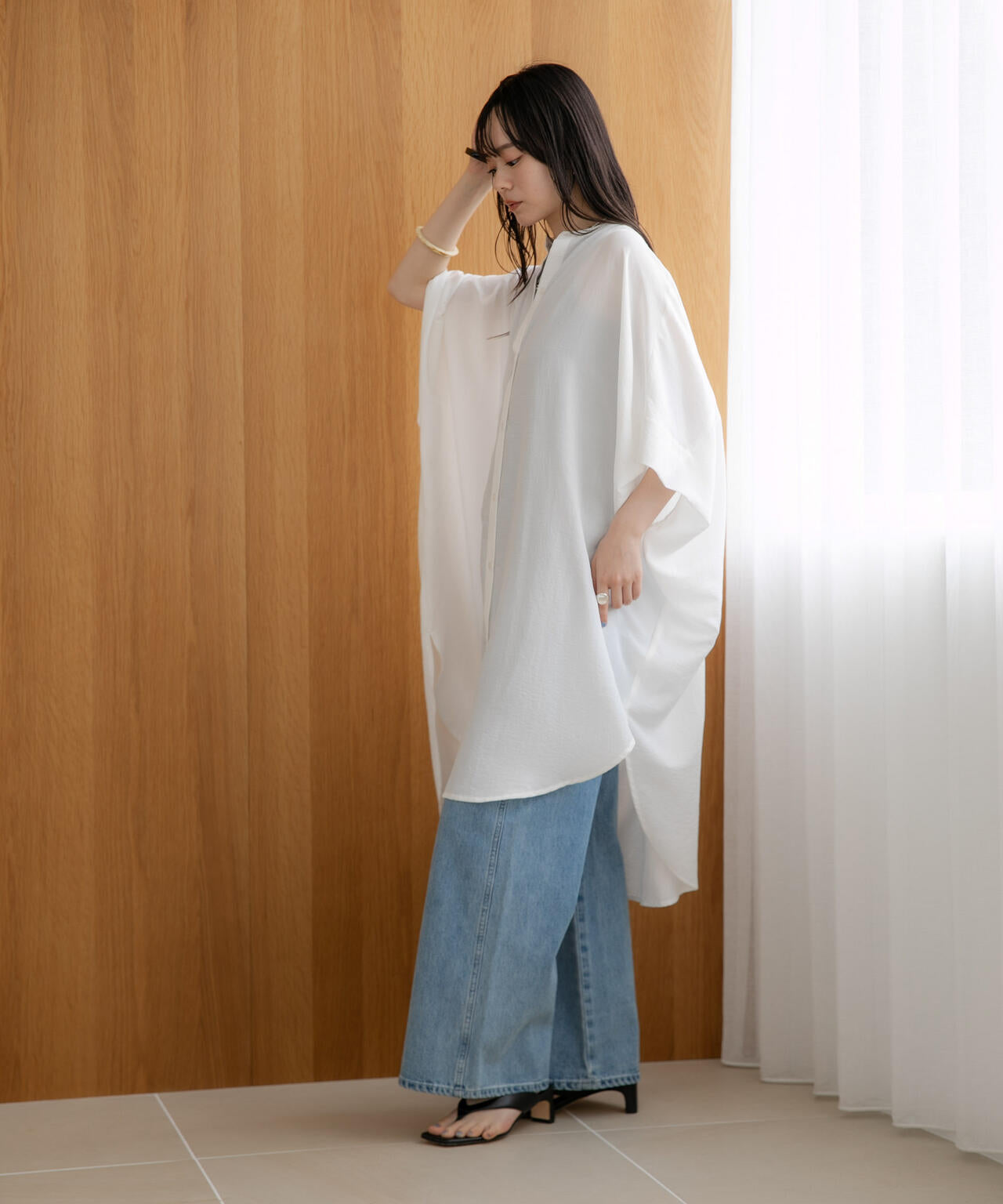 WEB限定/多機能素材 バンドカラーワイドチュニックシャツワンピース 6736219303