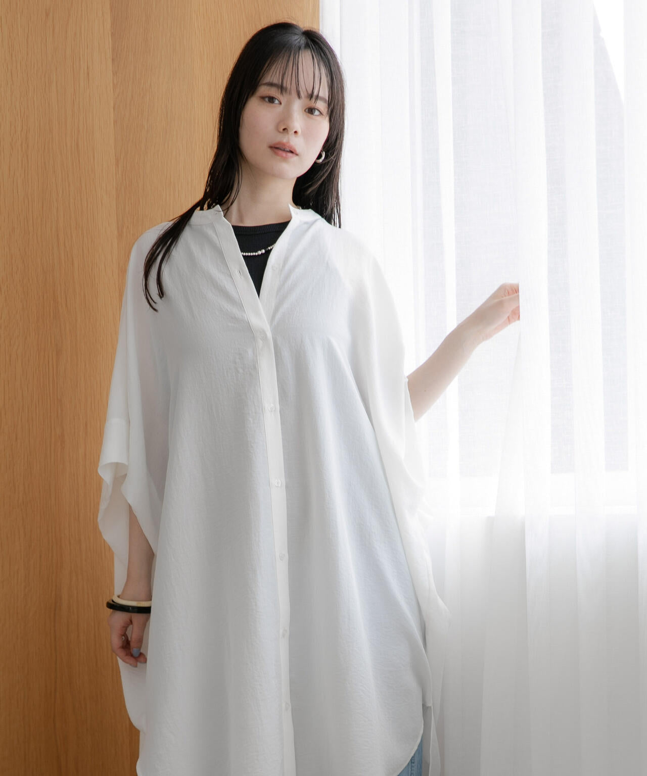 WEB限定/多機能素材 バンドカラーワイドチュニックシャツワンピース 6736219303