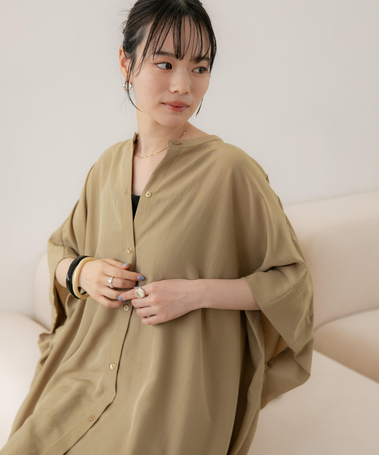 WEB限定/多機能素材 バンドカラーワイドチュニックシャツワンピース 6736219303