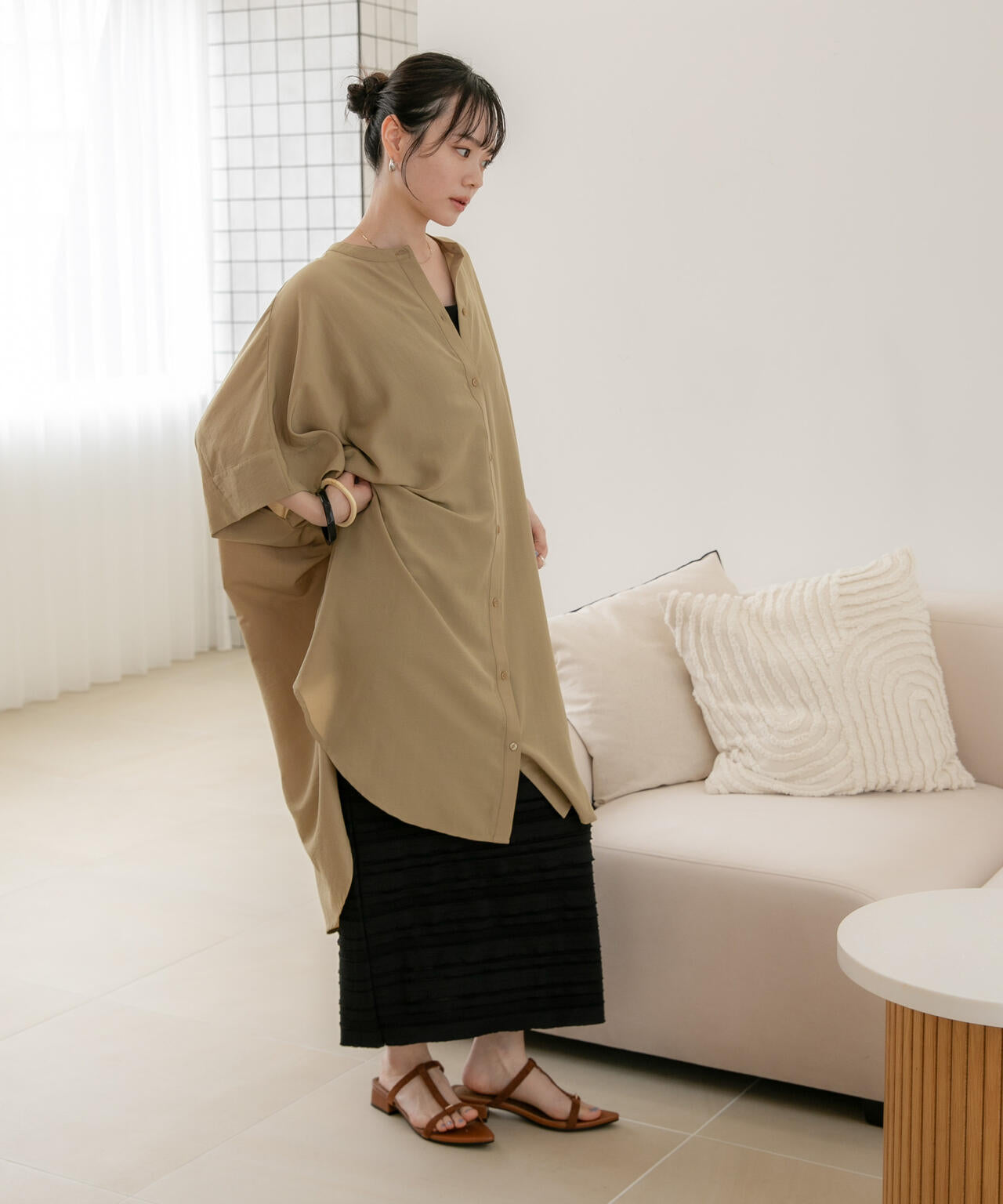 WEB限定/多機能素材 バンドカラーワイドチュニックシャツワンピース 6736219303