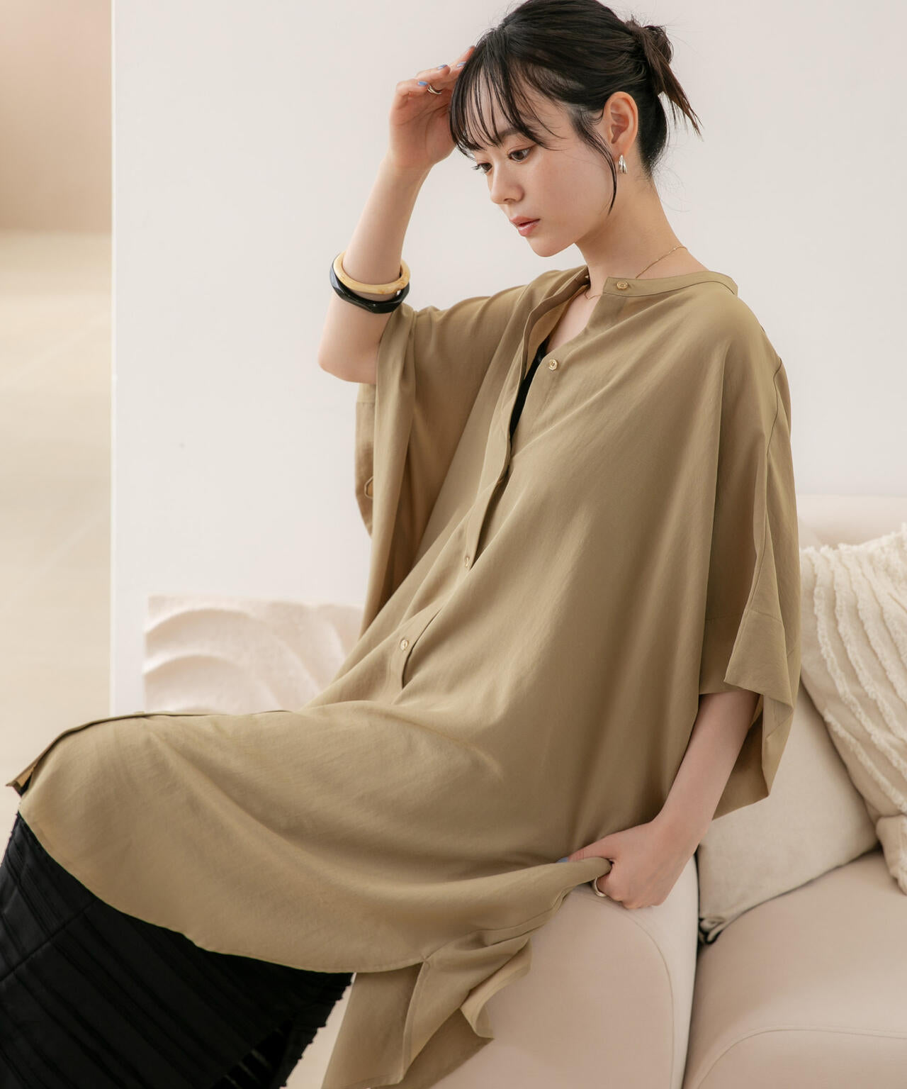 WEB限定/多機能素材 バンドカラーワイドチュニックシャツワンピース 6736219303