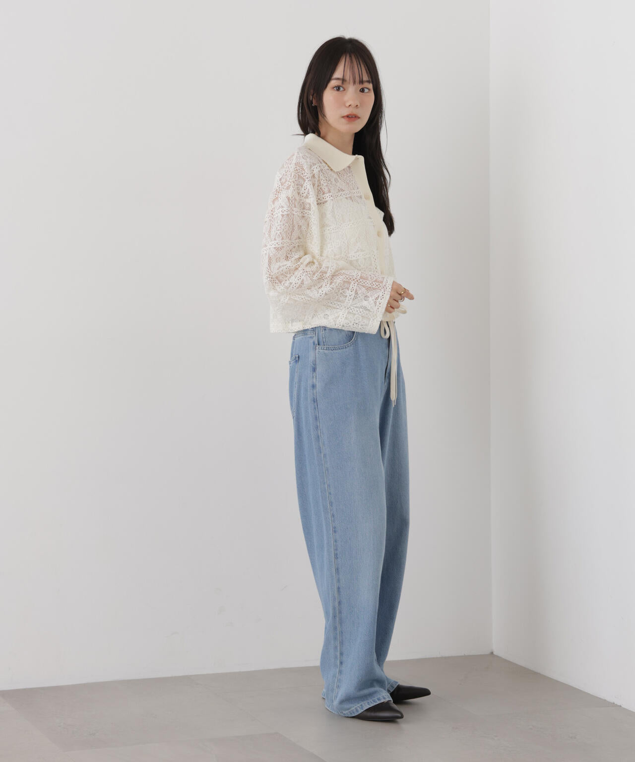 幾何柄レースクロップドシャツ(セットアップ可) 6736220307