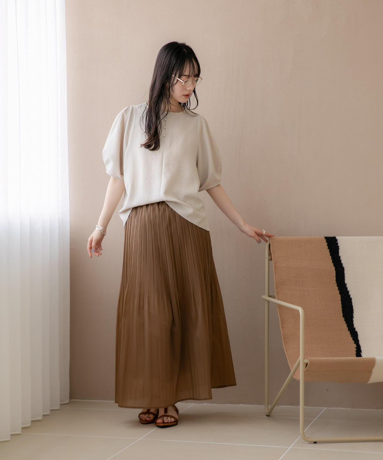 WEB限定/多機能素材 前後2wayランタンスリーブクルーブラウス(セットアップ可) 6736221309