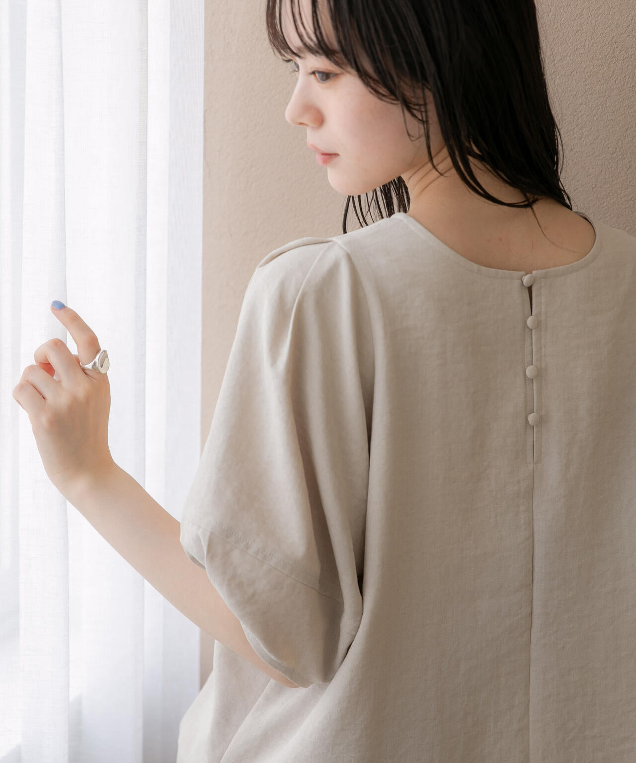 WEB限定/多機能素材 前後2wayランタンスリーブクルーブラウス(セットアップ可) 6736221309