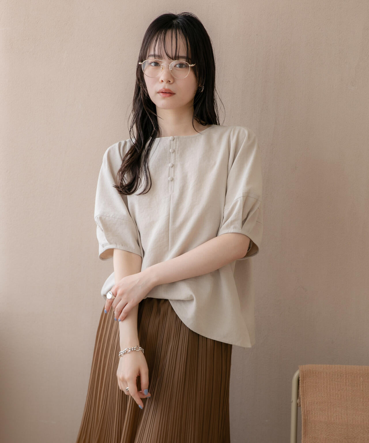 WEB限定/多機能素材 前後2wayランタンスリーブクルーブラウス(セットアップ可) 6736221309