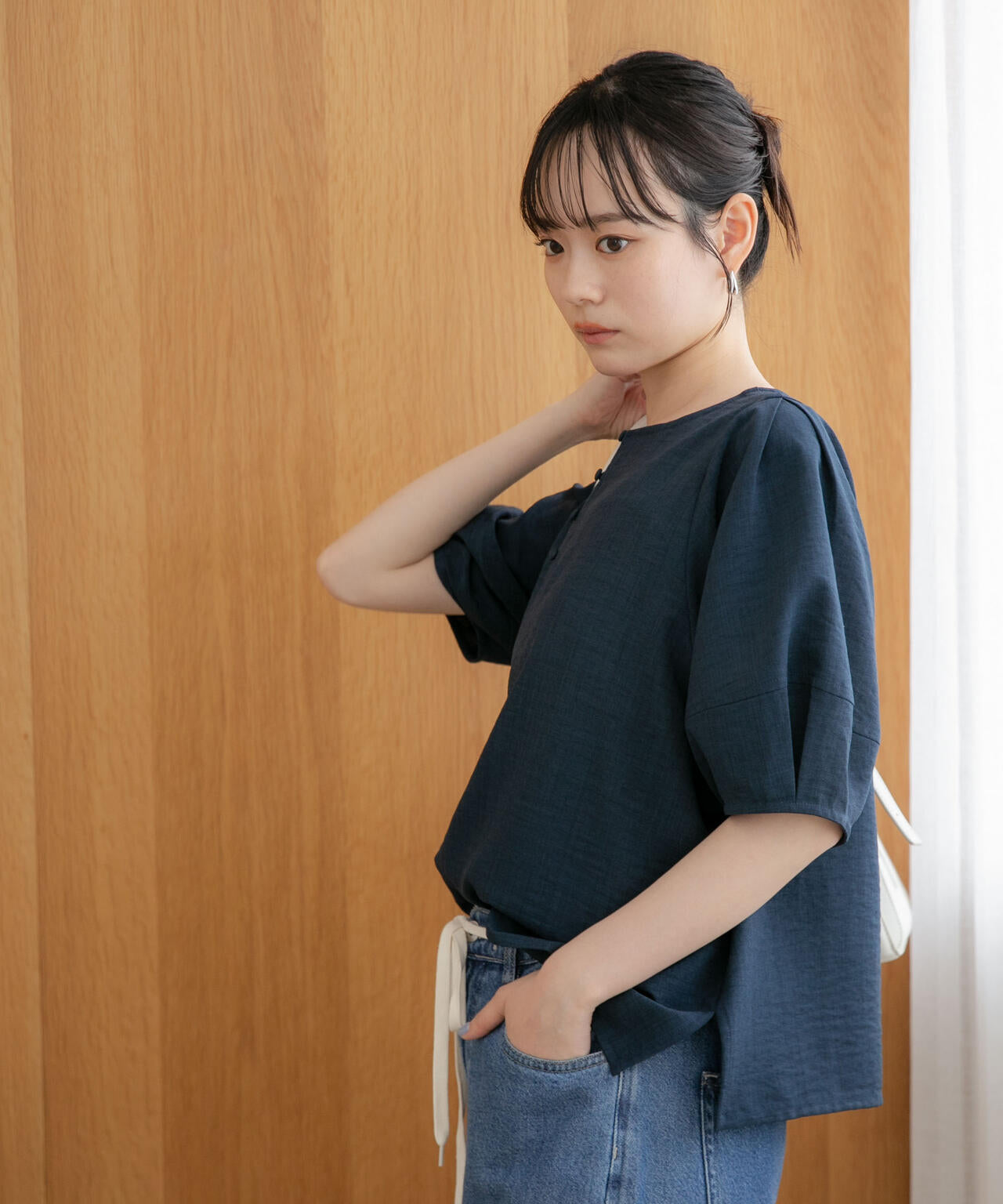 WEB限定/多機能素材 前後2wayランタンスリーブクルーブラウス(セットアップ可) 6736221309