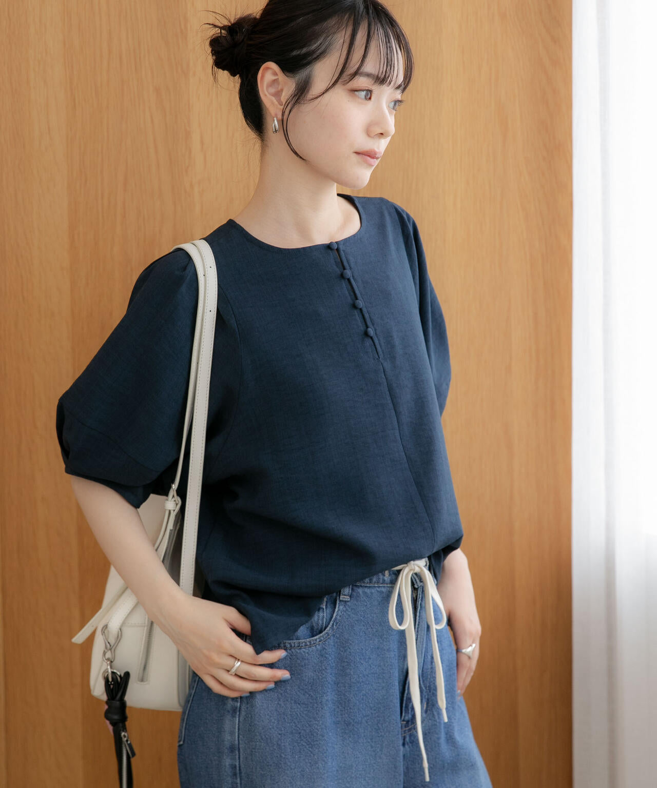 WEB限定/多機能素材 前後2wayランタンスリーブクルーブラウス(セットアップ可) 6736221309