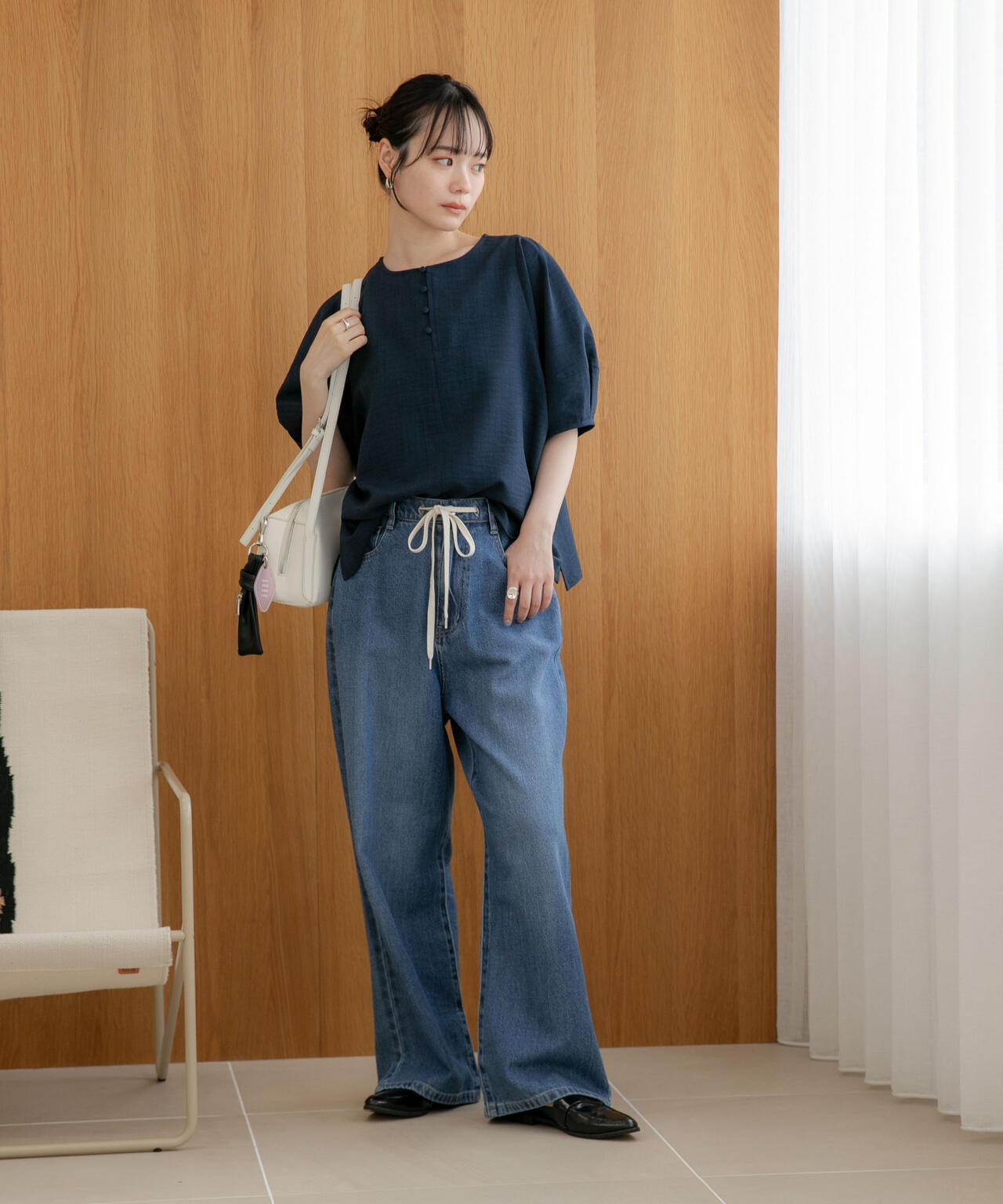 WEB限定/多機能素材 前後2wayランタンスリーブクルーブラウス(セットアップ可) 6736221309