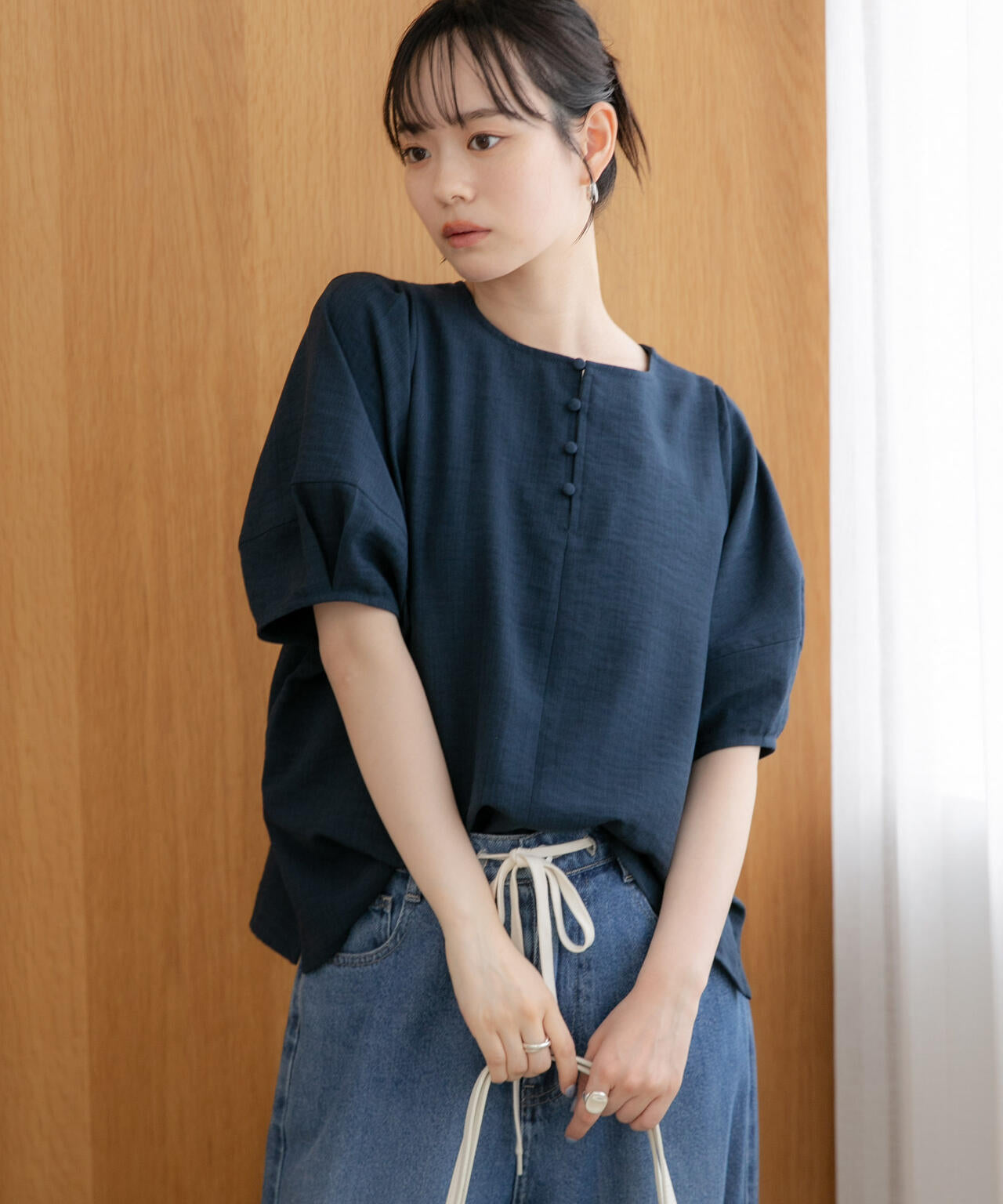 WEB限定/多機能素材 前後2wayランタンスリーブクルーブラウス(セットアップ可) 6736221309