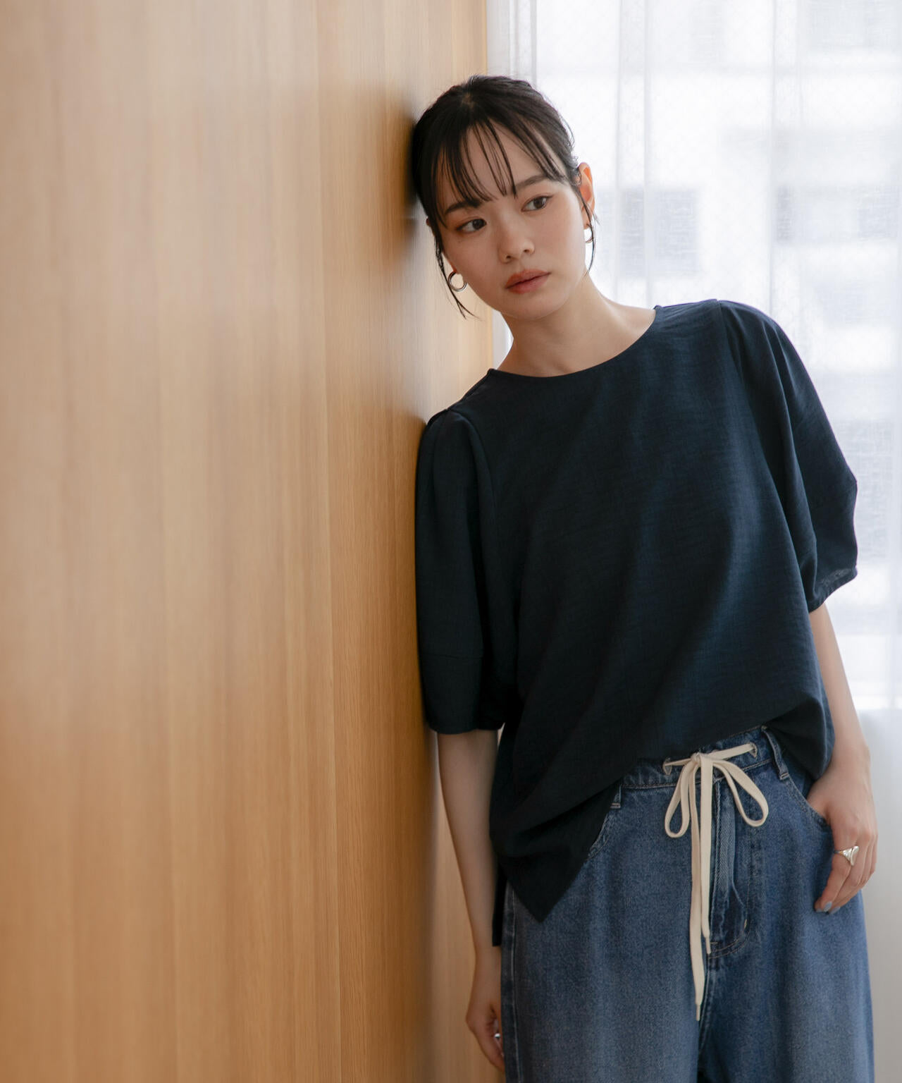 WEB限定/多機能素材 前後2wayランタンスリーブクルーブラウス(セットアップ可) 6736221309