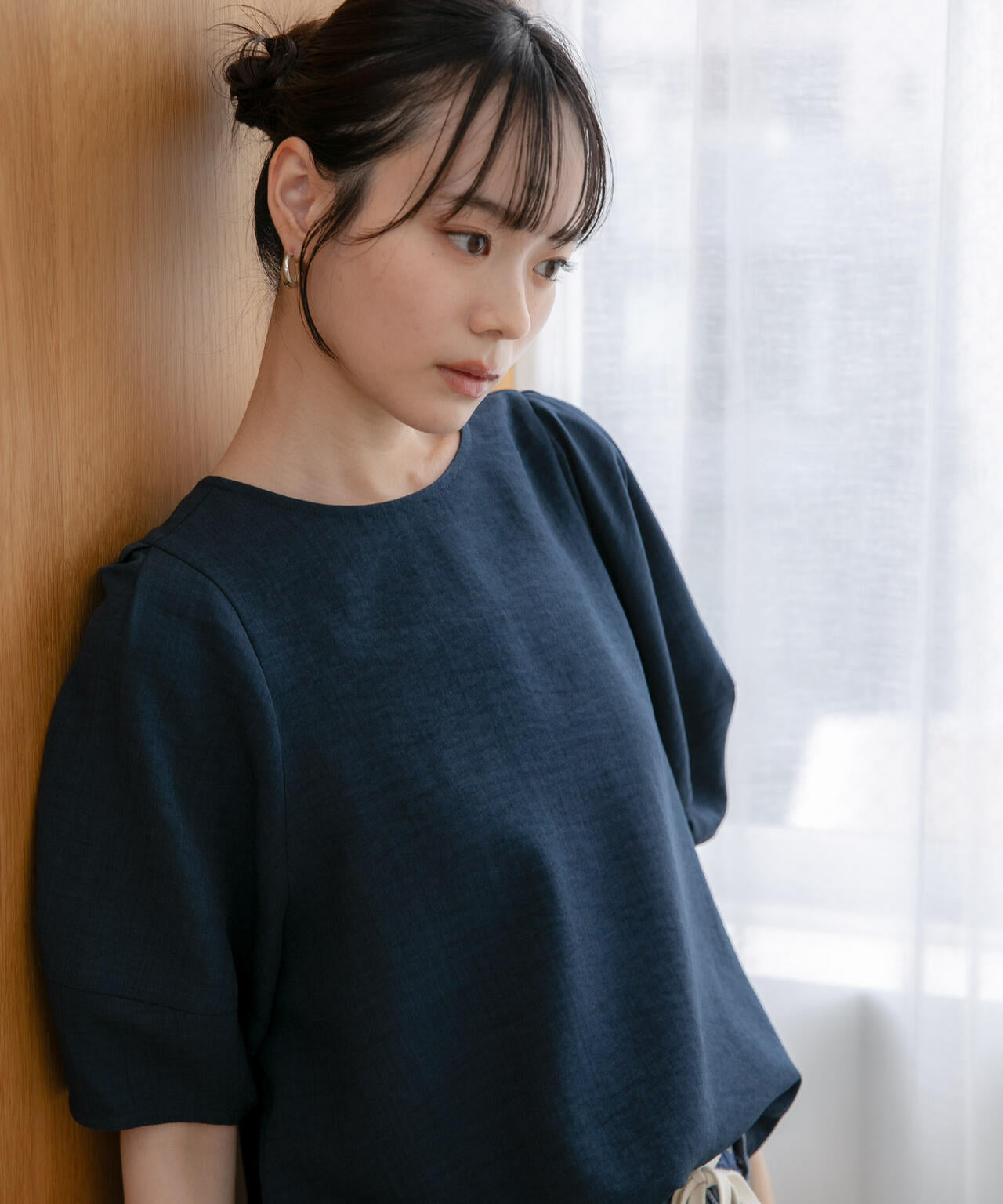 WEB限定/多機能素材 前後2wayランタンスリーブクルーブラウス(セットアップ可) 6736221309