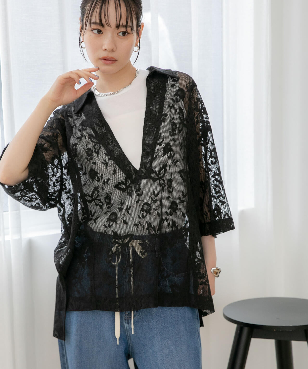 WEB限定/フラワーレーススキッパープルオーバーシャツ 6736221311