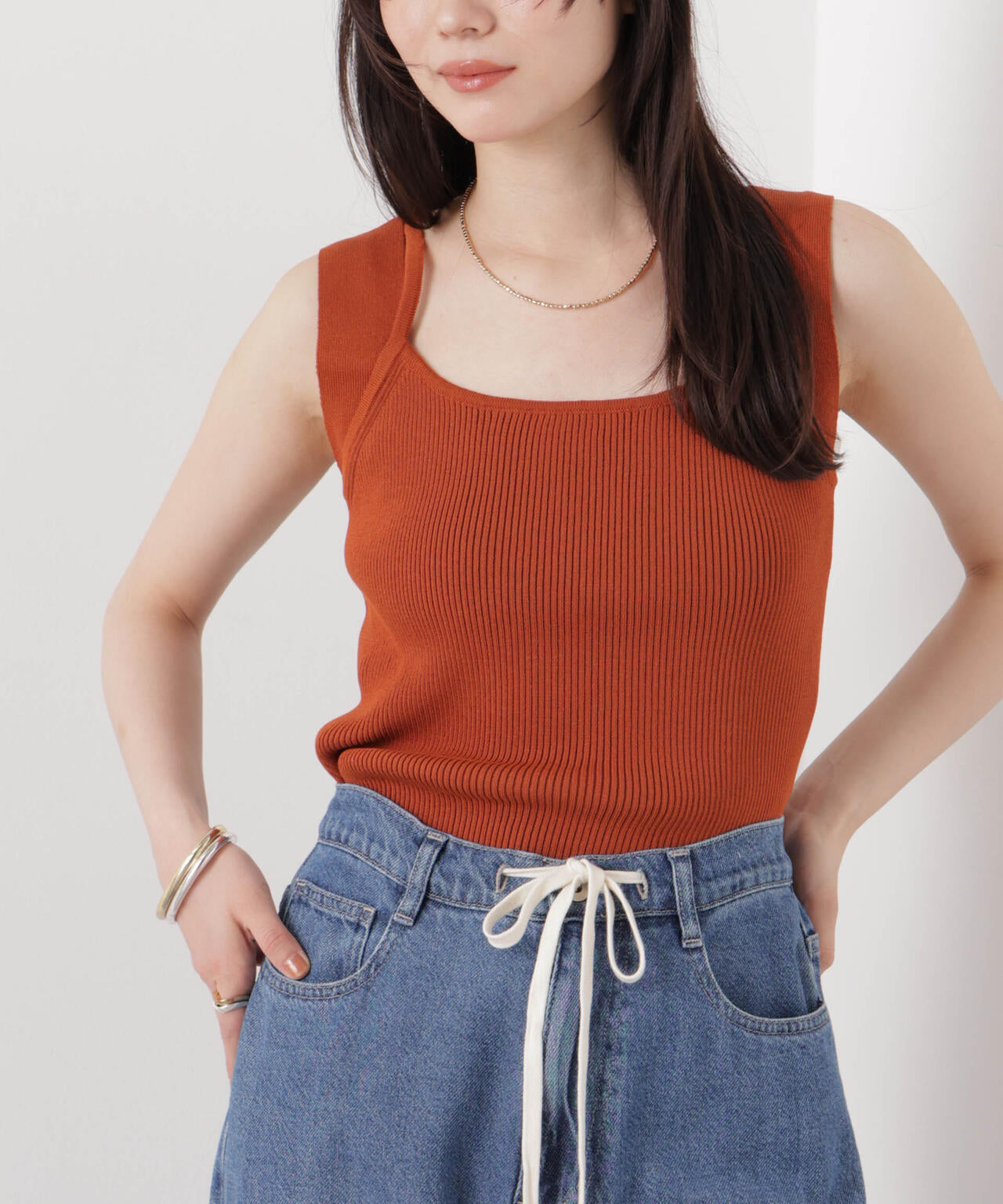 デザイン ネック リブニット タンクトップ