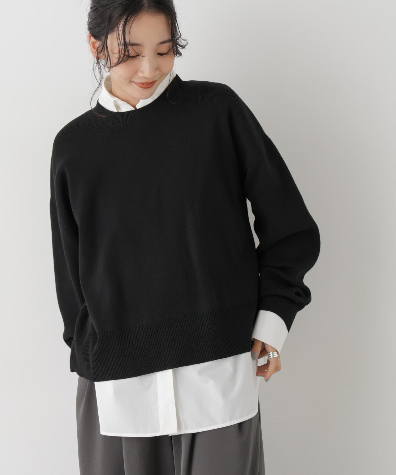 毛玉ができにくいニット クルーネックワイドトップス(セットアップ可) 6736222318