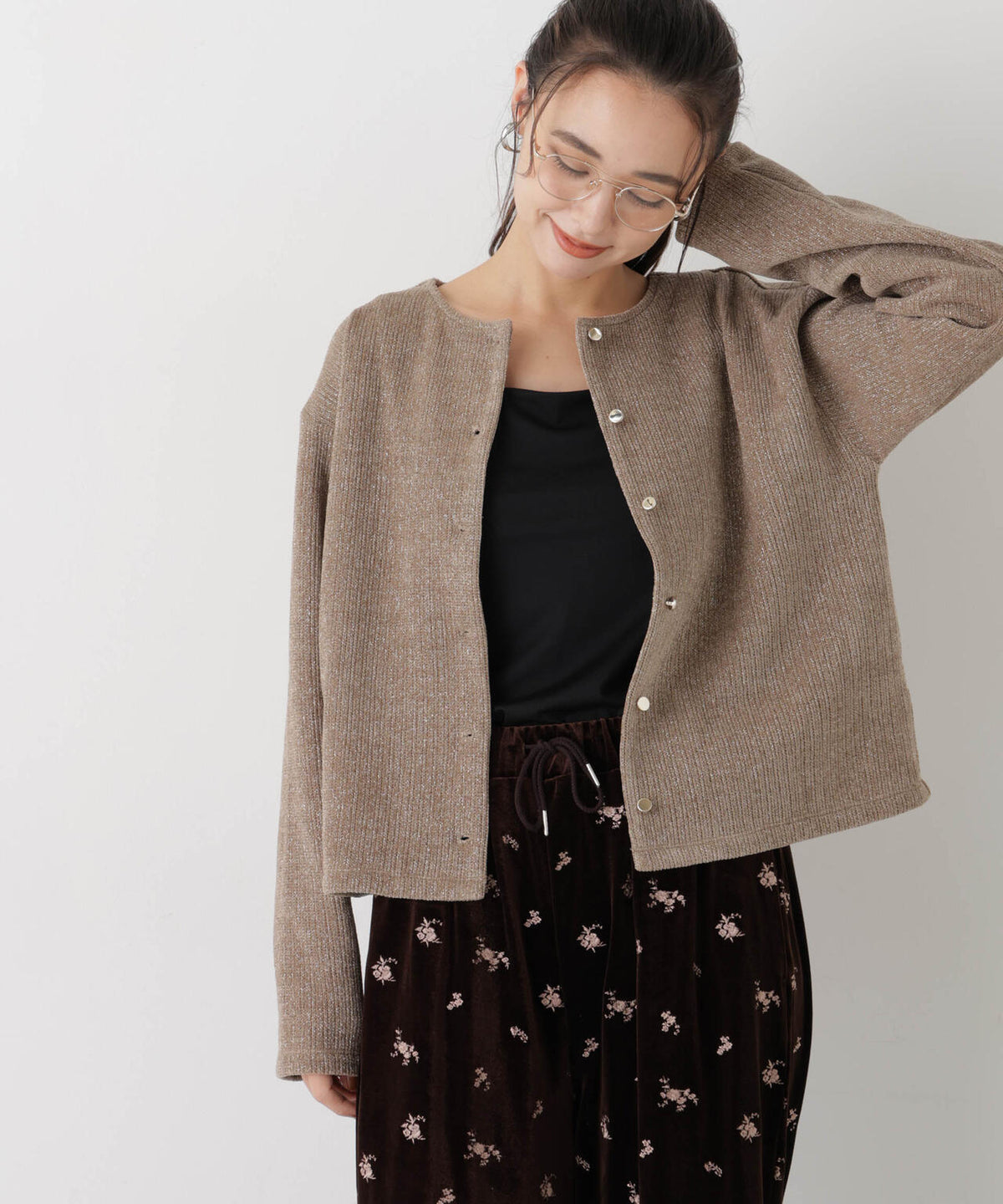 ラメニットソー前後2wayクルーネックカーディガン 6736223320
