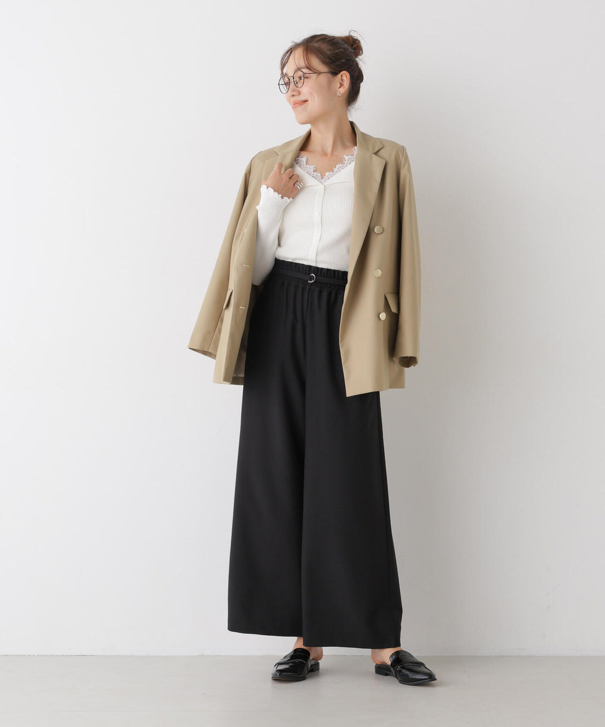 ベルト付きツイルワイドパンツ(セットアップ可) 6736227308