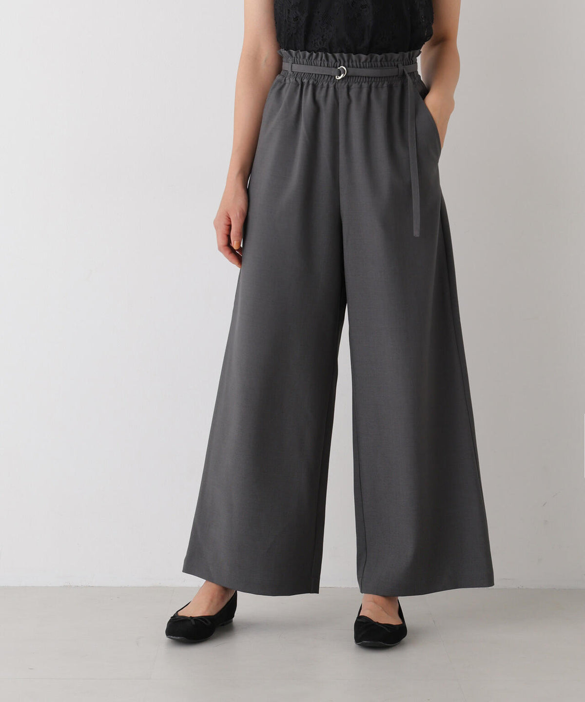 ベルト付きツイルワイドパンツ(セットアップ可) 6736227308