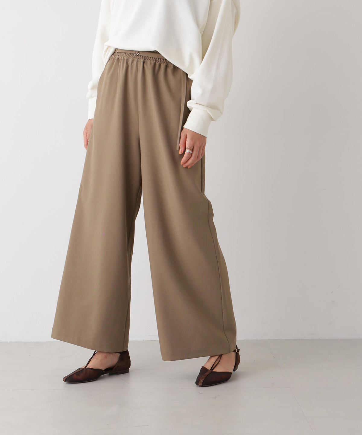 ベルト付きツイルワイドパンツ(セットアップ可) 6736227308