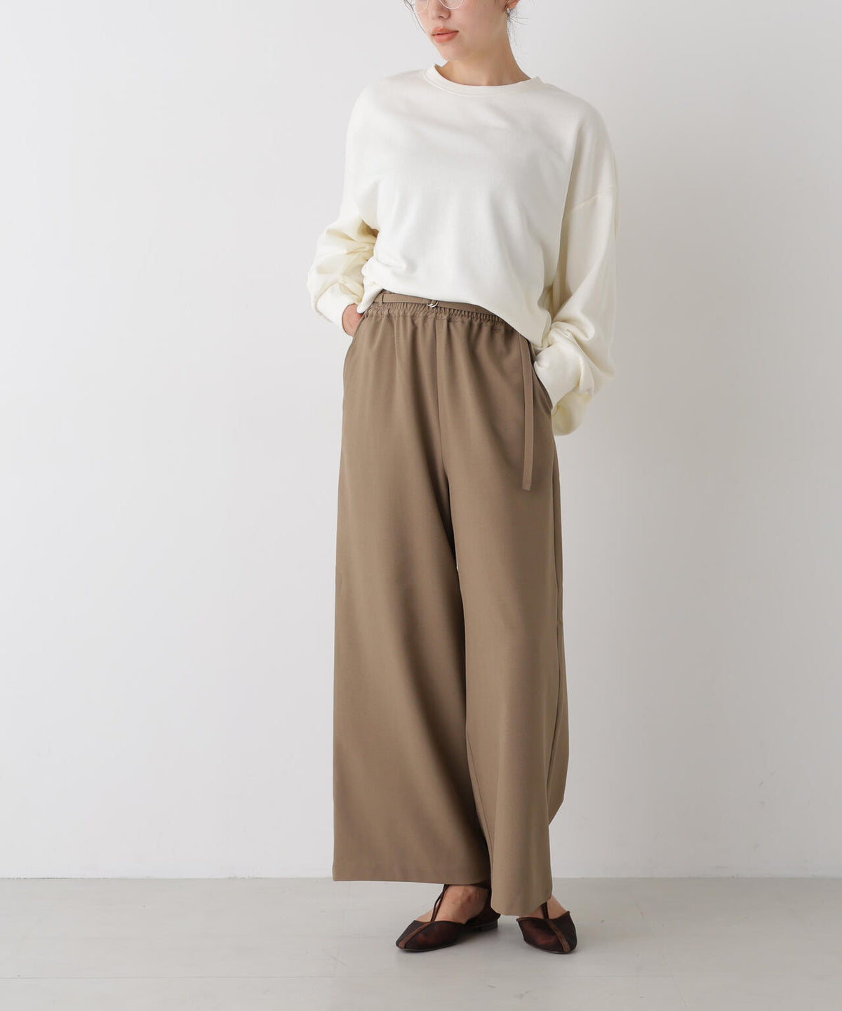 ベルト付きツイルワイドパンツ(セットアップ可) 6736227308