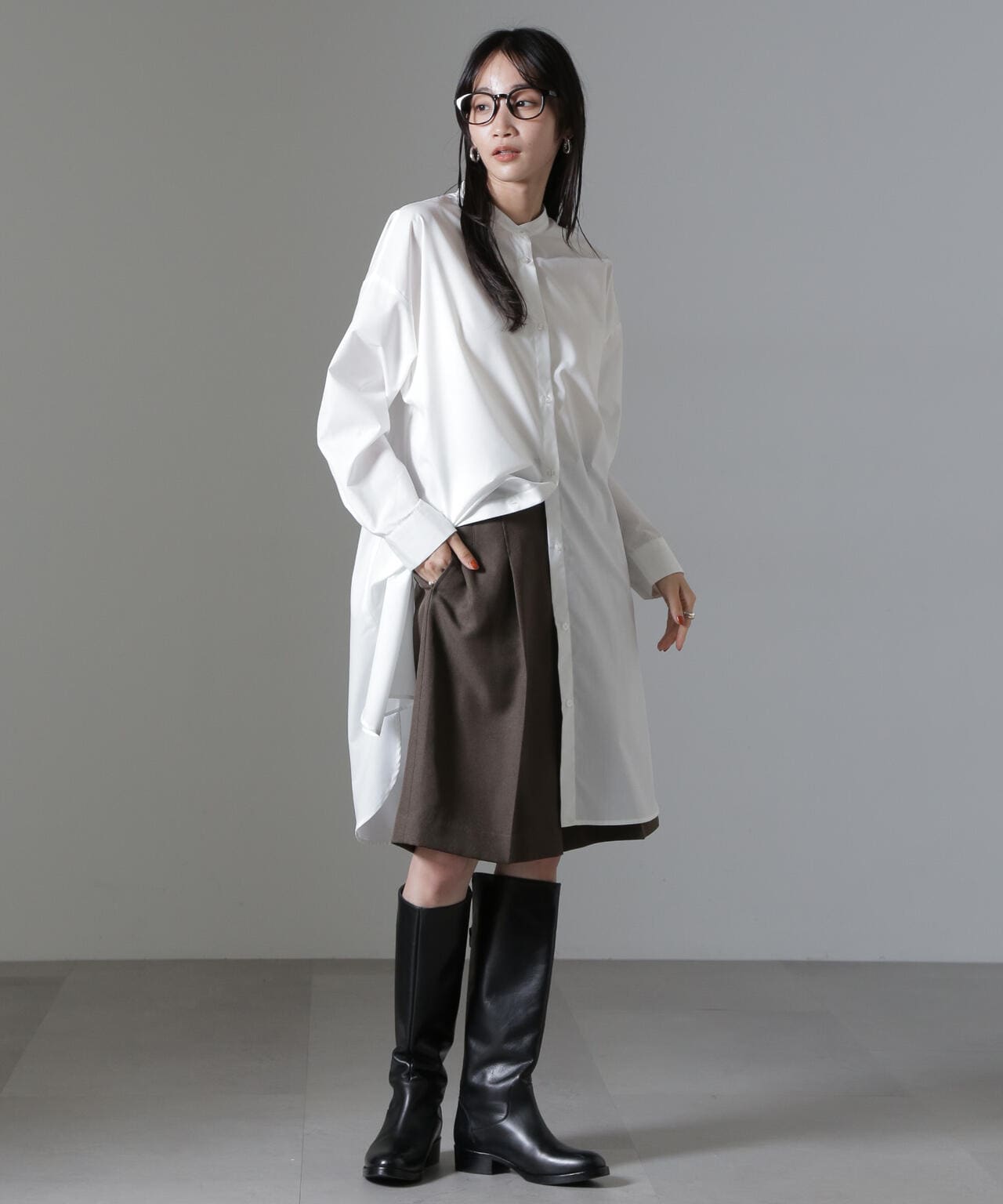 バンドカラーミディ シャツ ワンピース 