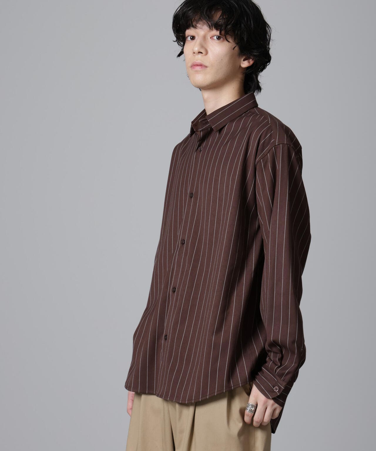 微起毛 ストライプ シャツ 長袖 