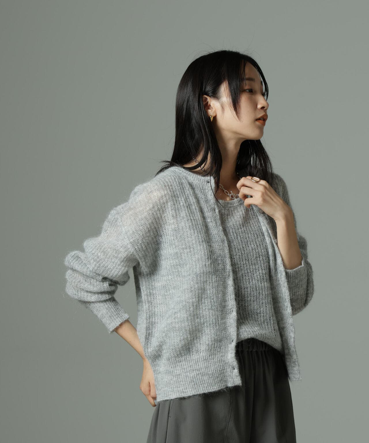 モヘヤ混 クルーネック ニット カーディガン ( セットアップ 可 )