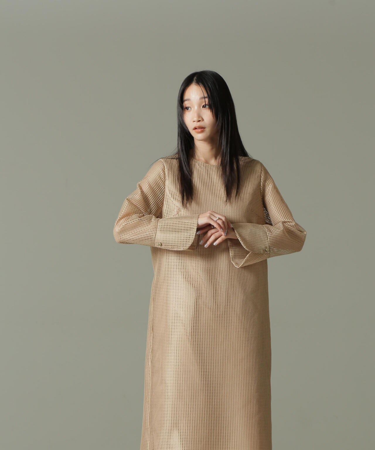 sunana ベージュ レース 半袖ワンピース L