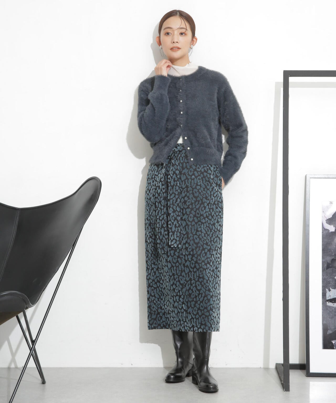 フェザーカーディガン＋リブワンピース 