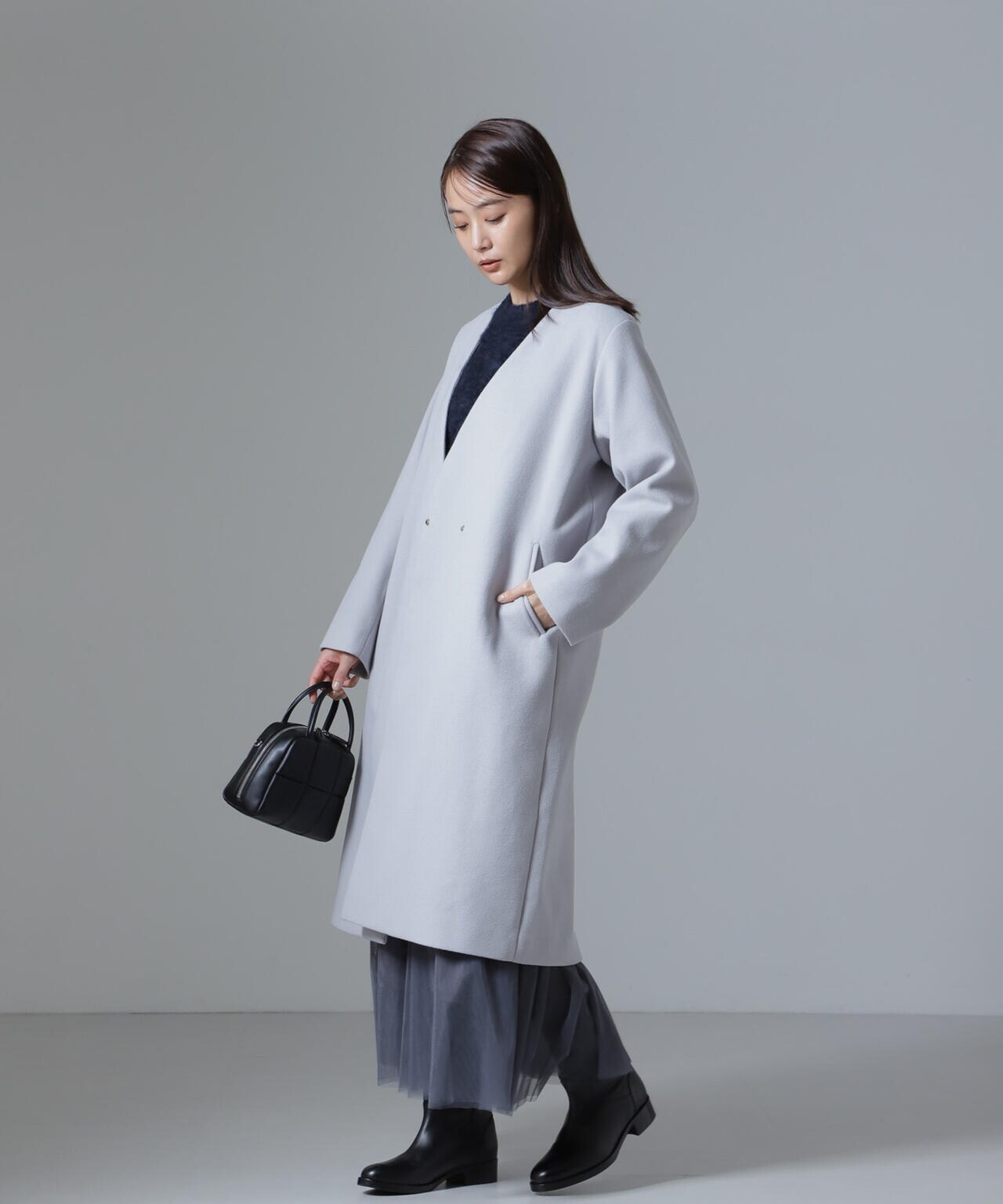 Vネック ノーカラー コート 