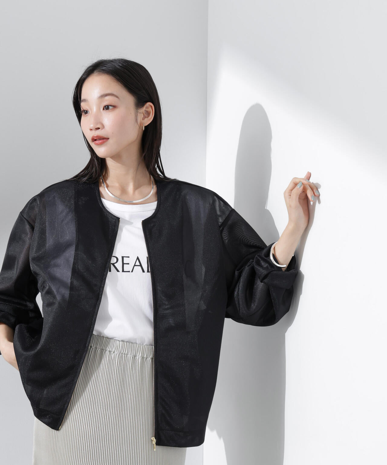 シアー ダンボール カット ノーカラー ZIP up ジャケット