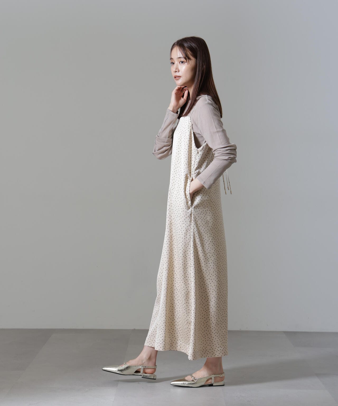 ドット プリント サテン キャミ ワンピース 