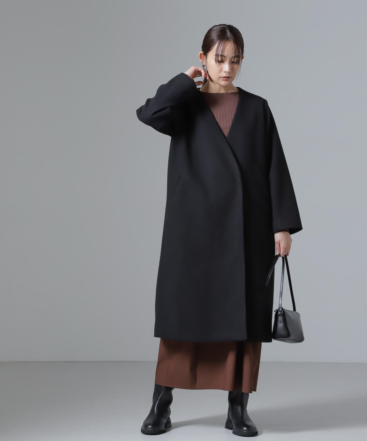 Vネック ノーカラー コート 