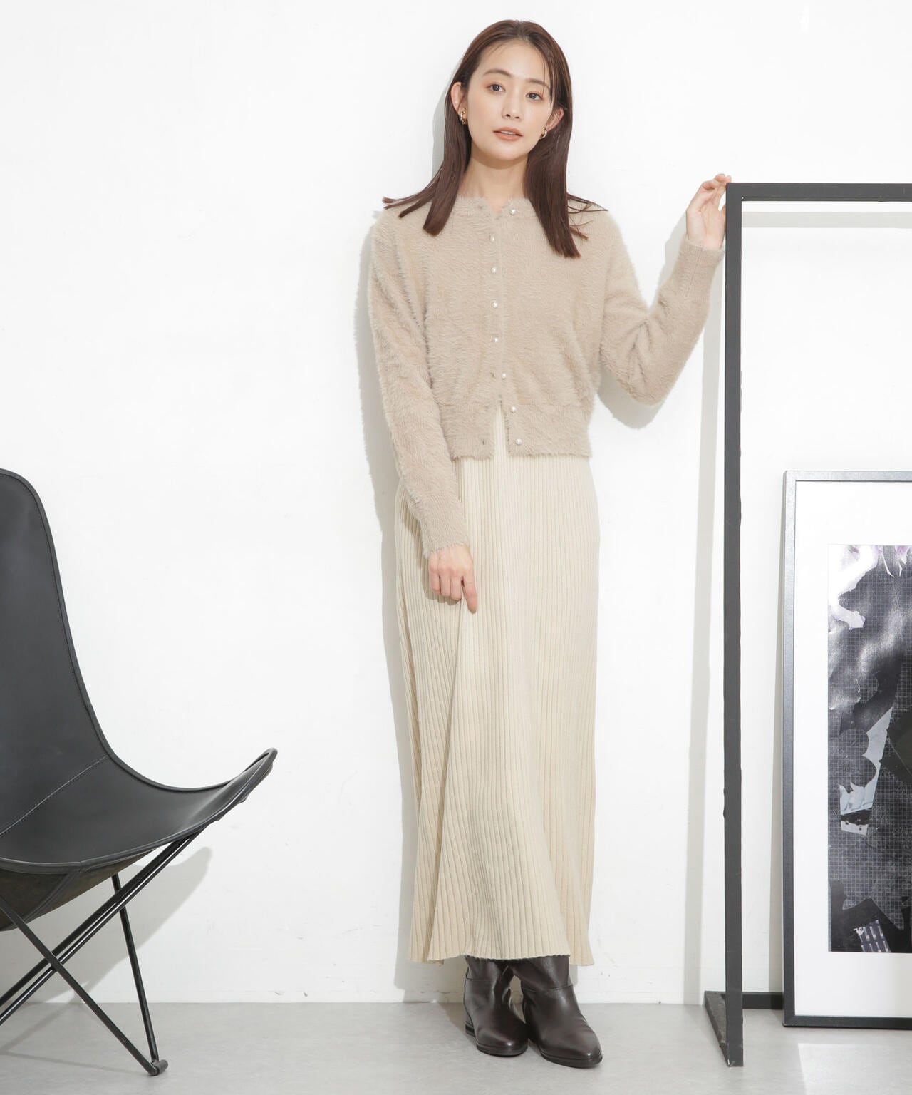 フェザーカーディガン＋リブワンピース 