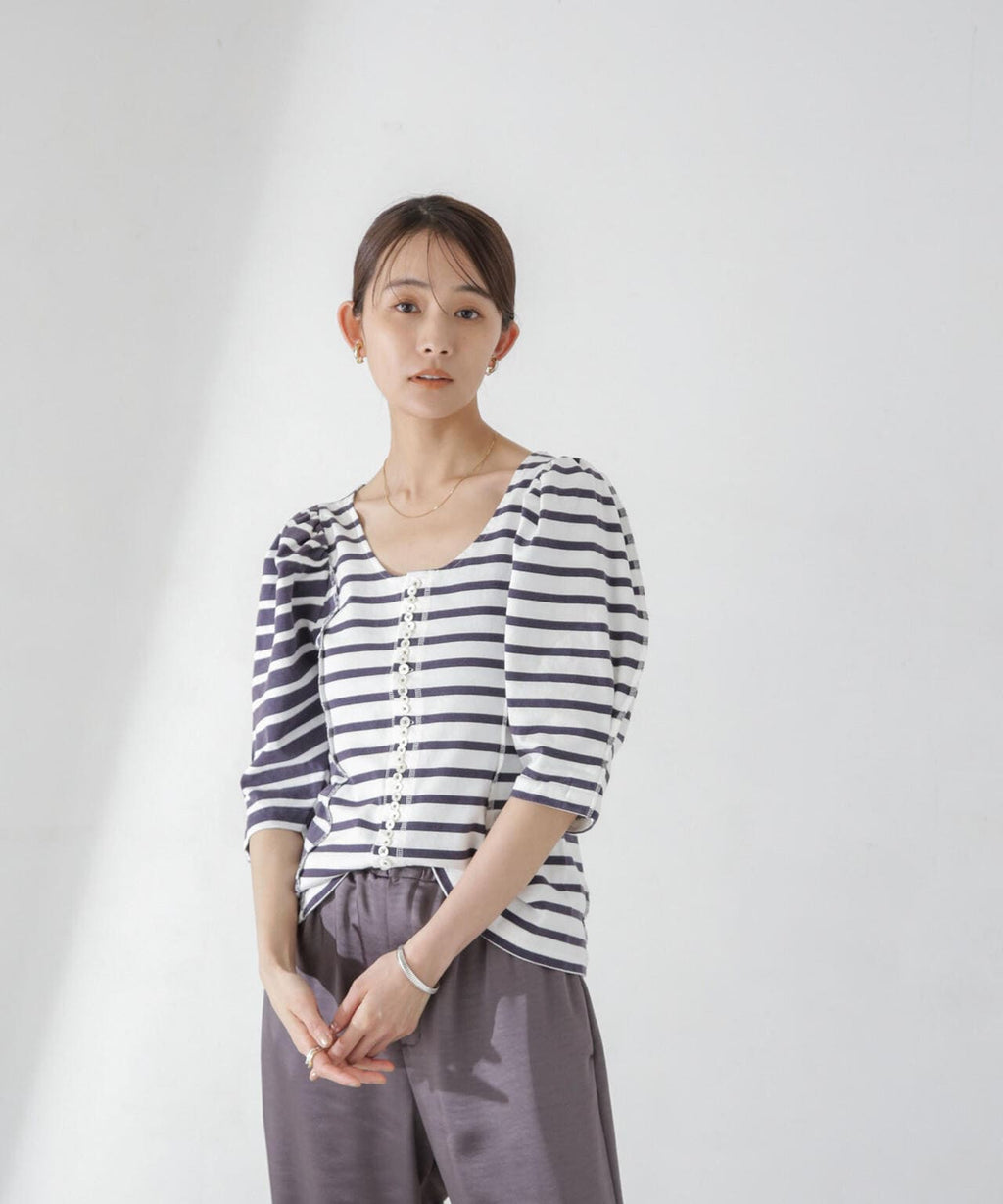 CURRENTAGE / 釦モチーフ ボーダー プルオーバー 