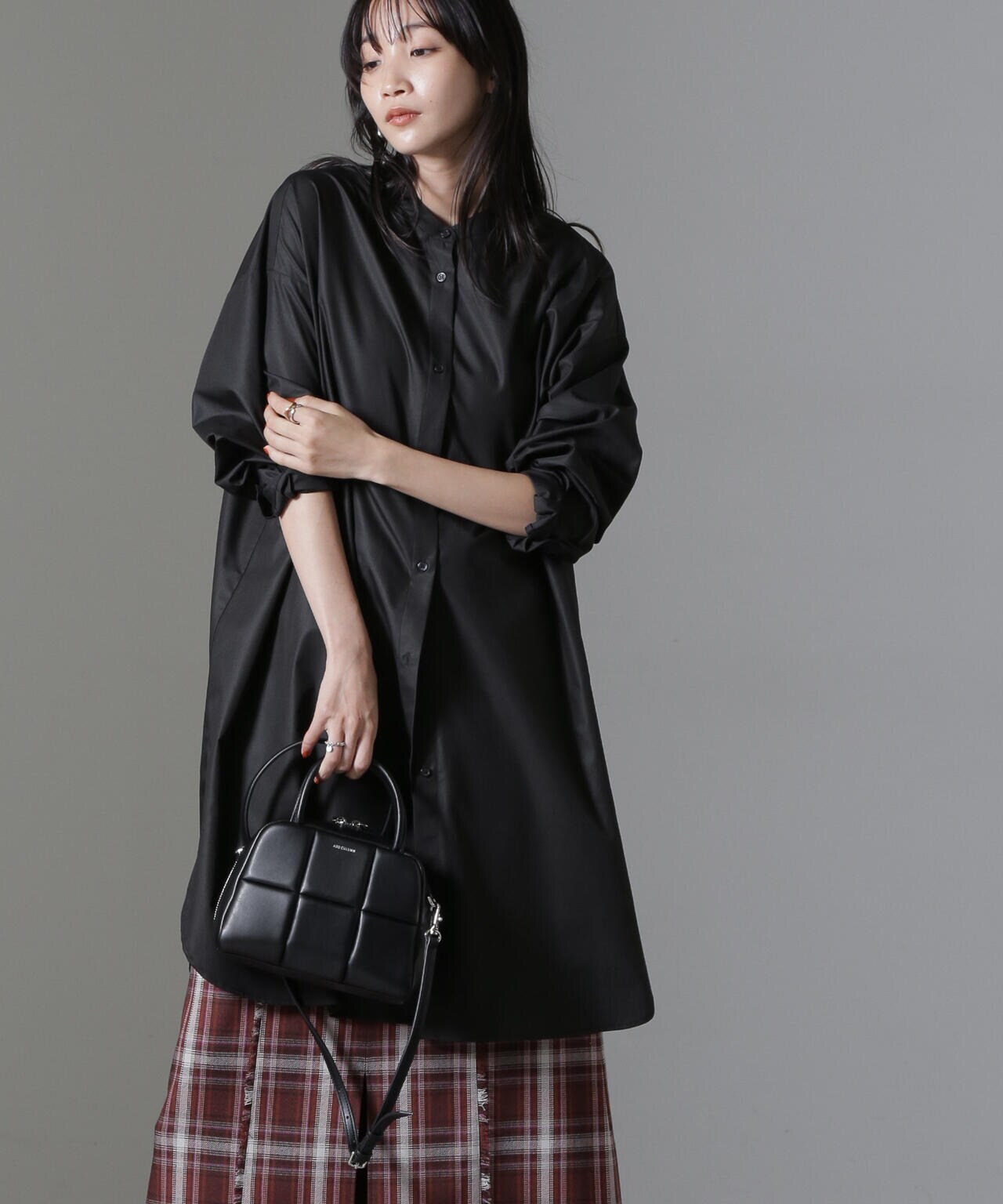 バンドカラーミディ シャツ ワンピース 