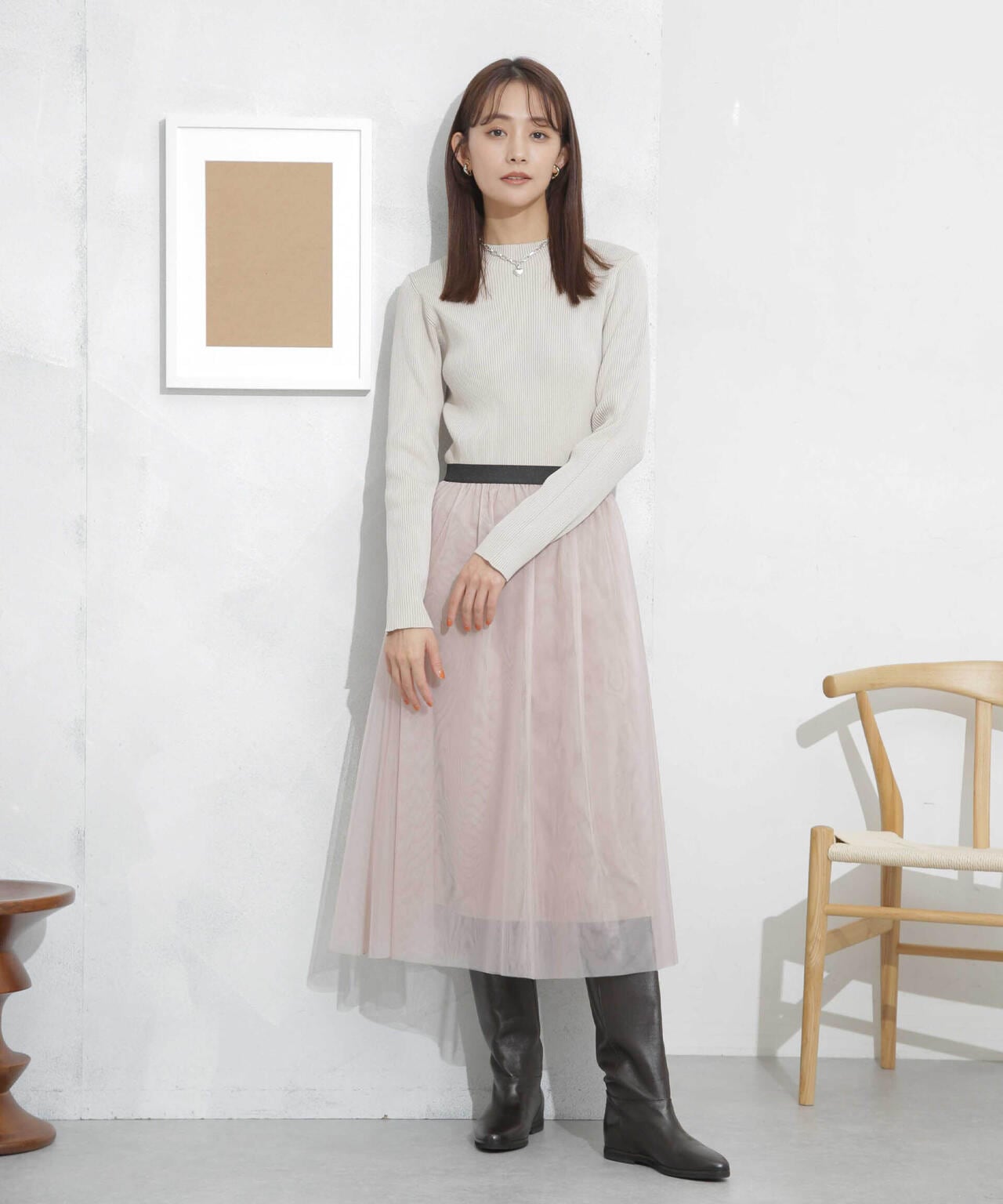 ハイネック リブ ニット & チュール スカート セットアップ 