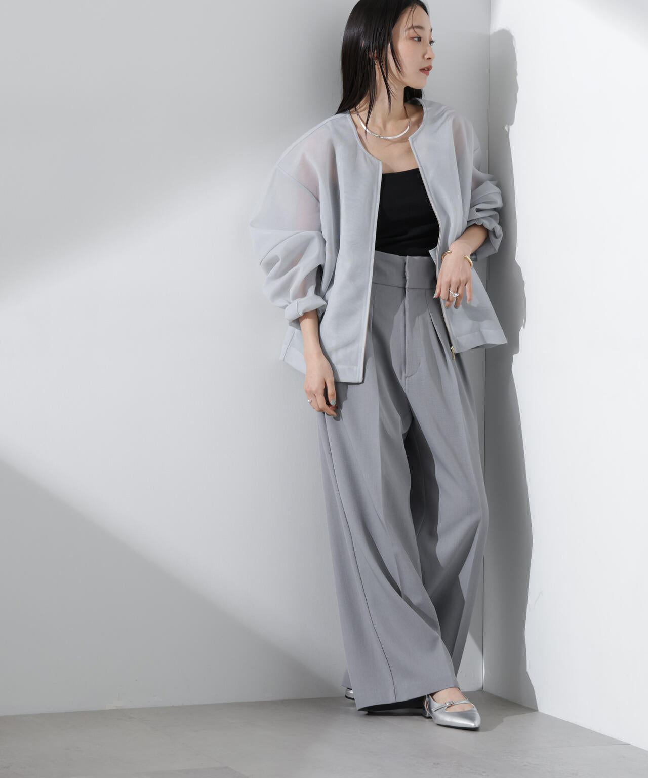シアー ダンボール カット ノーカラー ZIP up ジャケット