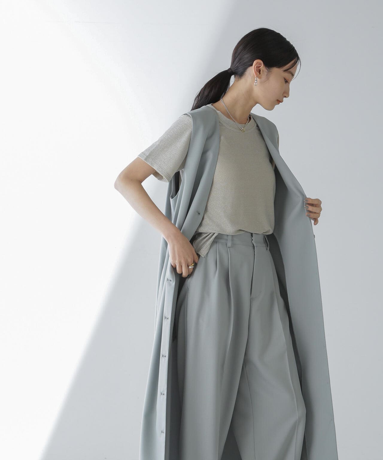 センタープレス タック ワイド ストレート パンツ